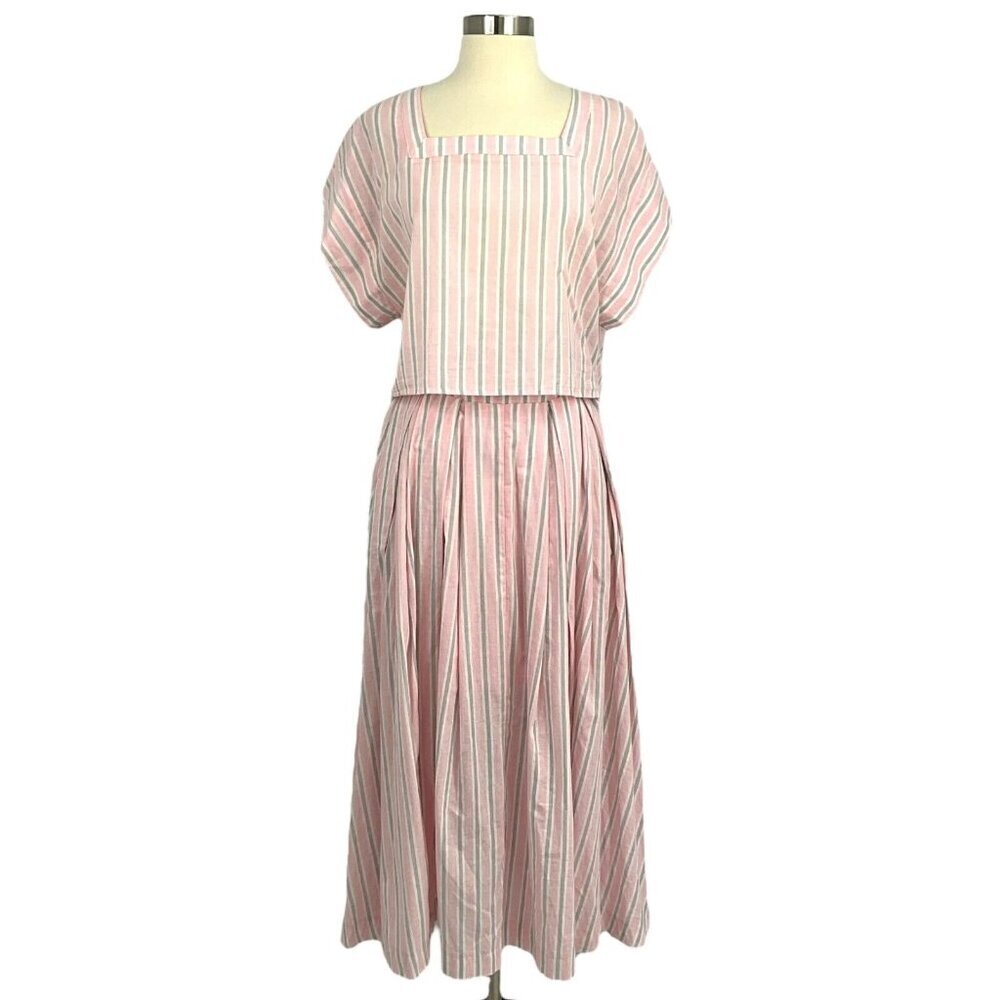 Mable Size S Sydney Square Neck Top & Skirt Set Pink Grey Stripe 100% Cotton - Picture 1 of 16